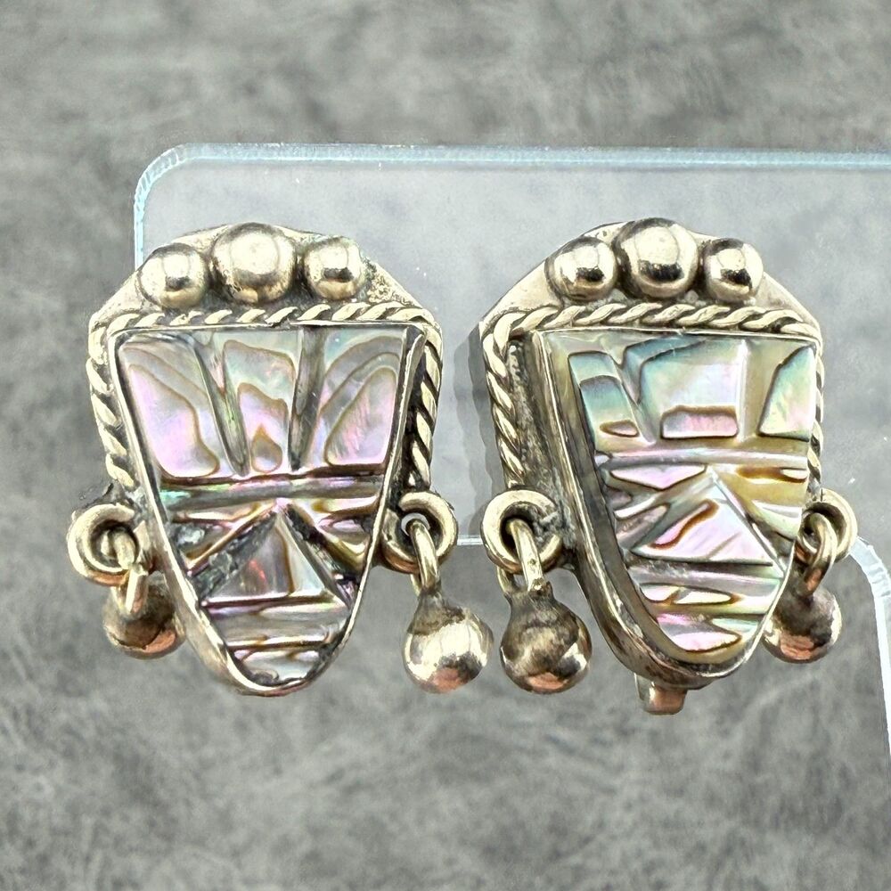 Alpaca Silver Aztec Mask Tiki Carved MOP Screw-back Clip Earrings VTG Mexico
